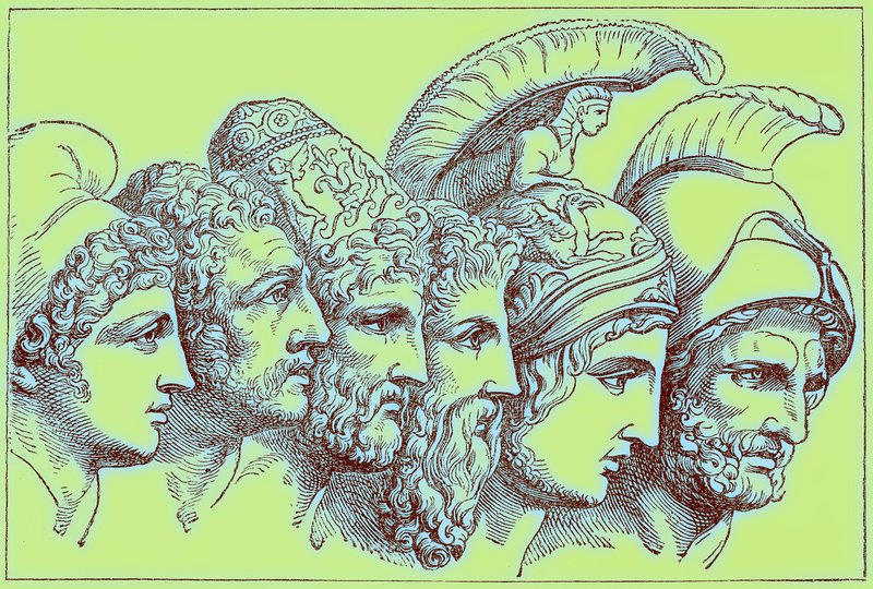 A trójai háború hősei: Párizs, Diomédész, Odüsszeusz, Nesztor, Akhilleusz, Agamemnon, illusztráció A világ illusztrált történelméből, megjelent 1880 körül (digitálisan javított kép) alkotó: English School
