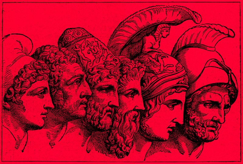 A trójai háború hősei: Párizs, Diomédész, Odüsszeusz, Nesztor, Akhilleusz, Agamemnon, illusztráció A világ illusztrált történelméből, megjelent 1880 körül (digitálisan javított kép) alkotó: English School