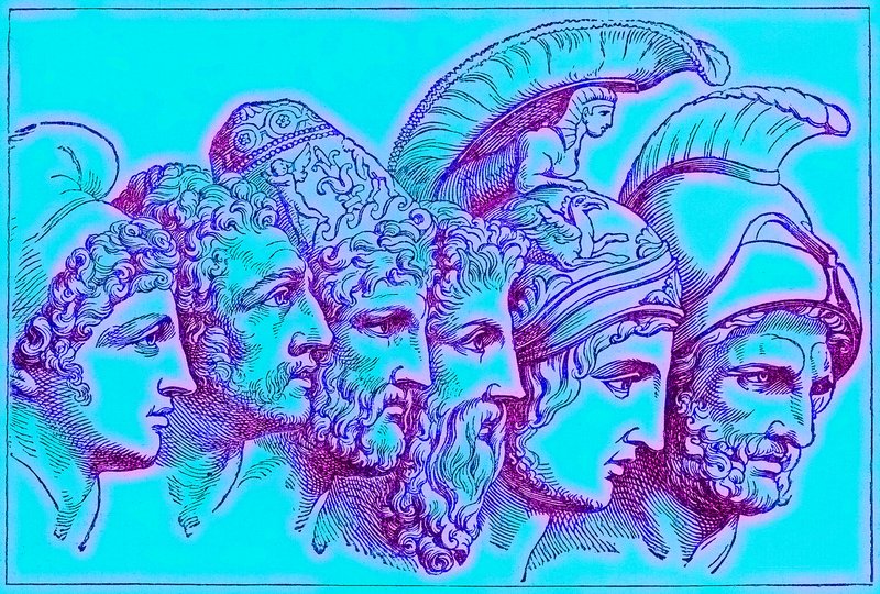 A trójai háború hősei: Párizs, Diomédész, Odüsszeusz, Nesztor, Akhilleusz, Agamemnon, illusztráció A világ illusztrált történelméből, megjelent 1880 körül (digitálisan javított kép) alkotó: English School