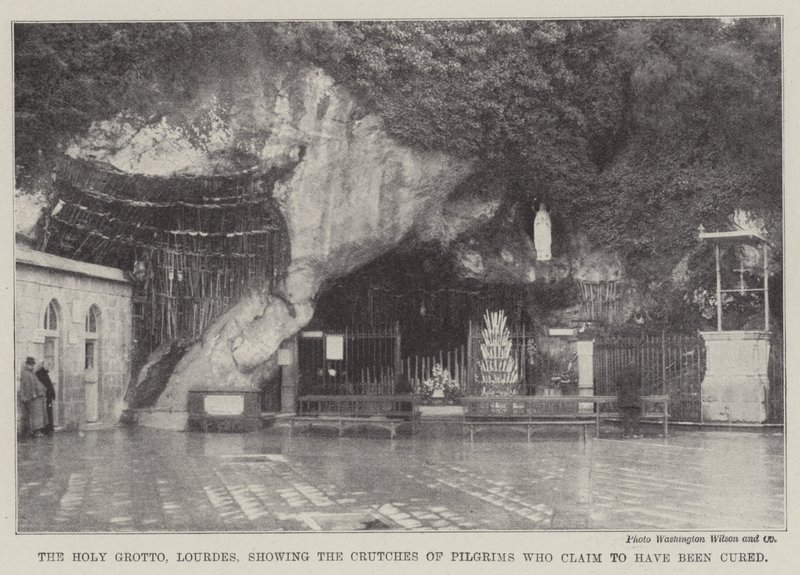 A lourdes-i Szent-barlang, azon zarándokok mankóival, akik azt állítják, hogy meggyógyultak (metszet) alkotó: English School