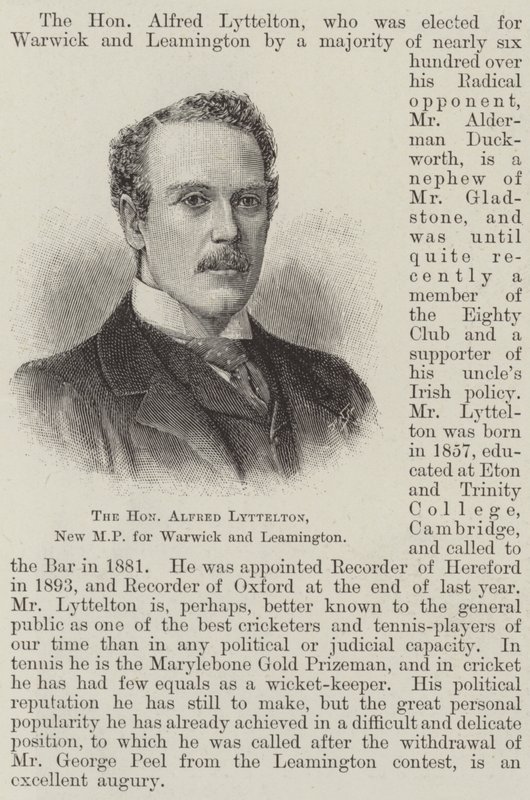 A tisztelt Alfred Lyttelton, Warwick és Leamington új képviselője (metszet) alkotó: English School