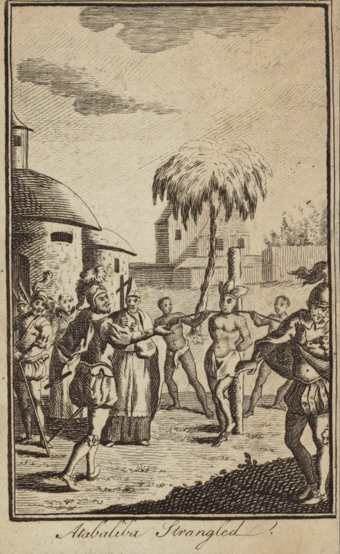 Francisco Pizarro spanyol hódító parancsára megfojtották Atahualpa inka császárt, Peru alkotó: English School