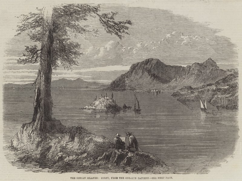 A Jón-szigetek, Korfu, az egyágyús ütegből (metszet) alkotó: English School