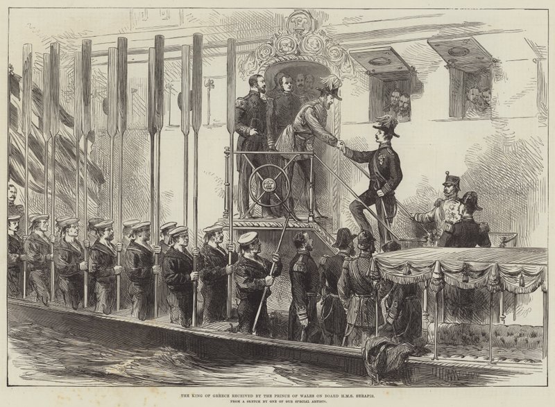 A görög királyt a walesi herceg fogadta a HMS Serapis fedélzetén (metszet) alkotó: English School