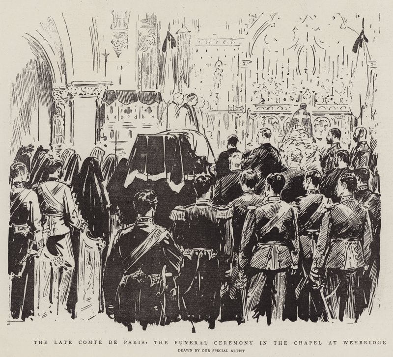 A néhai párizsi gróf, a temetési szertartás a weybridge-i kápolnában (litho) alkotó: English School