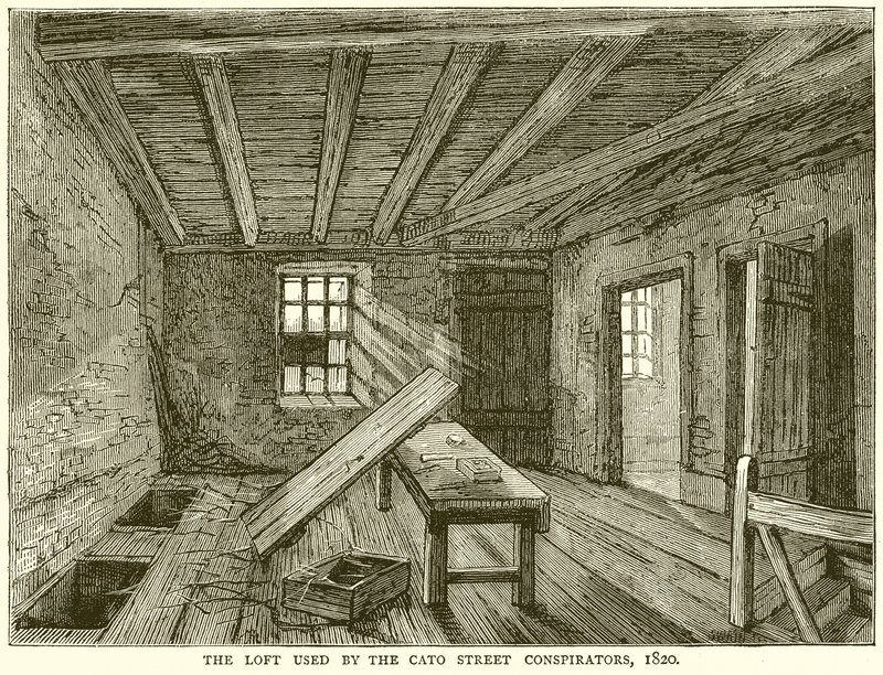 A Cato utcai összeesküvők által használt tetőtér, 1820 alkotó: English School