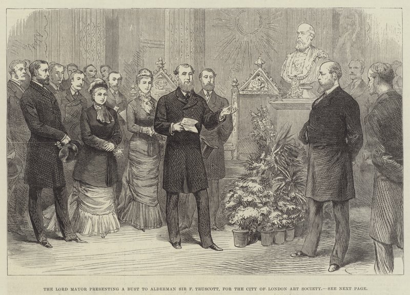 A Lord Mayor mellszobrot ad át Alderman Sir F Truscottnak, a City of London Art Society számára (metszet) alkotó: English School