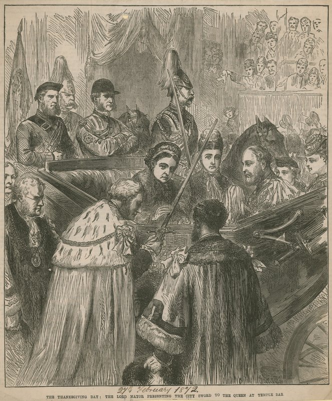 A Lord Mayor átadja a város kardját a királynőnek a Temple Barban alkotó: English School