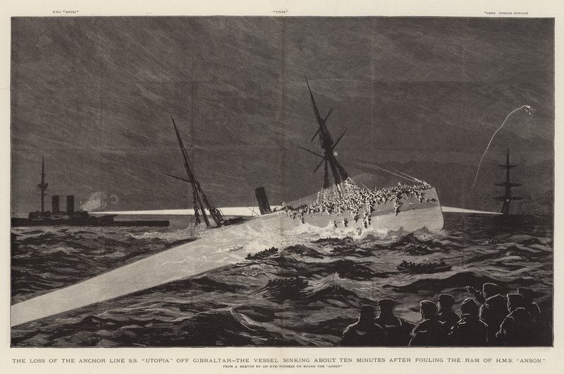 Az SS "Utopia" horgonyvonal elvesztése Gibraltárnál, a hajó elsüllyedt körülbelül tíz perccel azután, hogy beszennyezte a HMS "Anson" ramját (metszet) alkotó: English School