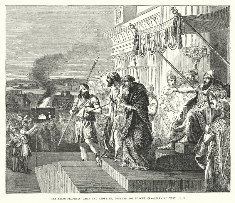 A hazug próféták, Akháb és Sedékiás, kivégzésre elrendelték, Jeremiás XXIX, 21, 22 (metszet) alkotó: English School