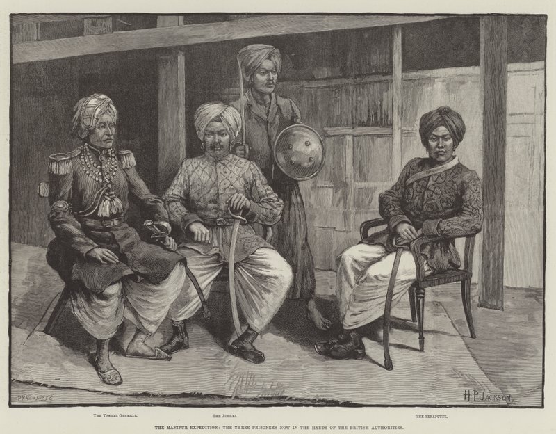 A manipuri expedíció, a három fogoly immár a brit hatóságok kezében (metszet) alkotó: English School