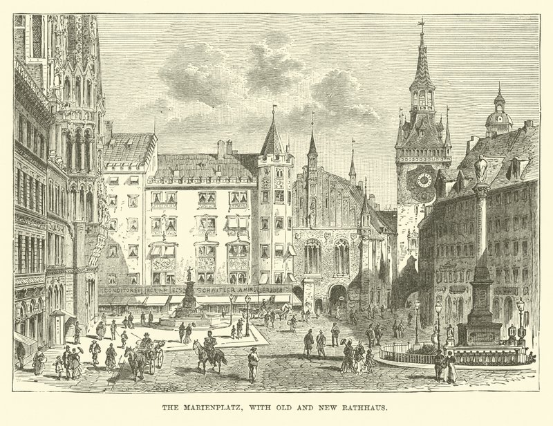 A Marienplatz, régi és új Rathausszal alkotó: English School