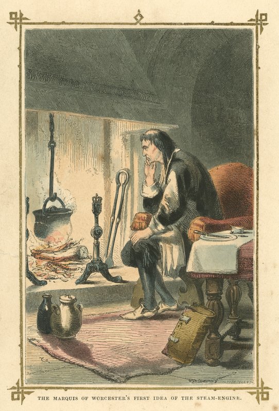 Worcester márki első ötlete a gőzgépről (színes litho) alkotó: English School