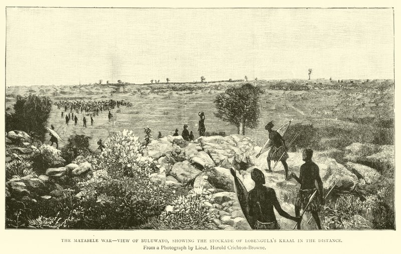 A Matabele-háború, Bulawayo képe, Lobengula kraal állománya a távolban alkotó: English School