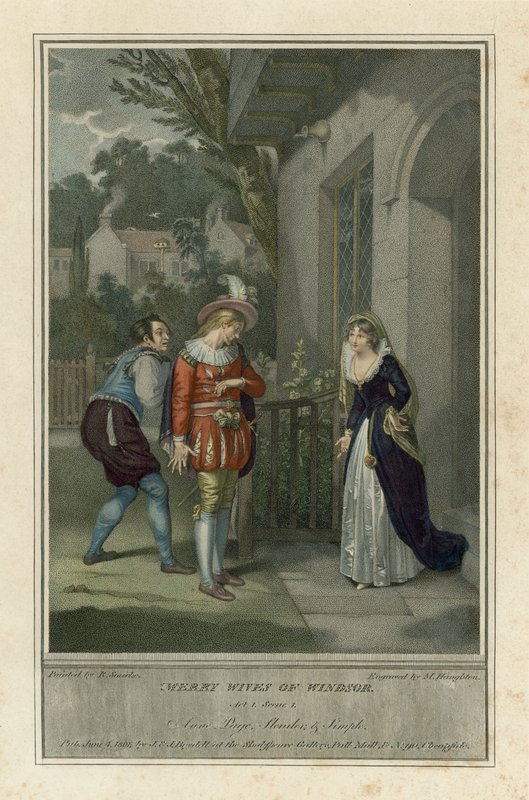 Windsori víg feleségek, I. felvonás, 1. jelenet (színes metszet) alkotó: English School