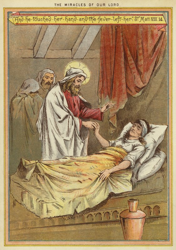 Krisztus csodái: Péter anyósának meggyógyítása a lázból (chromolitho) alkotó: English School