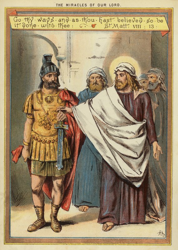 Krisztus csodái: a nagy hitű százados bénult szolgájának meggyógyítása (chromolitho) alkotó: English School
