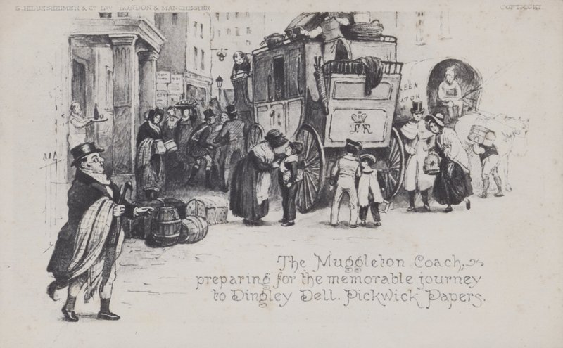 A Muggleton Coach, készül az emlékezetes utazásra Dingley Dellbe, Pickwick Papers (f/w fotó) alkotó: English School