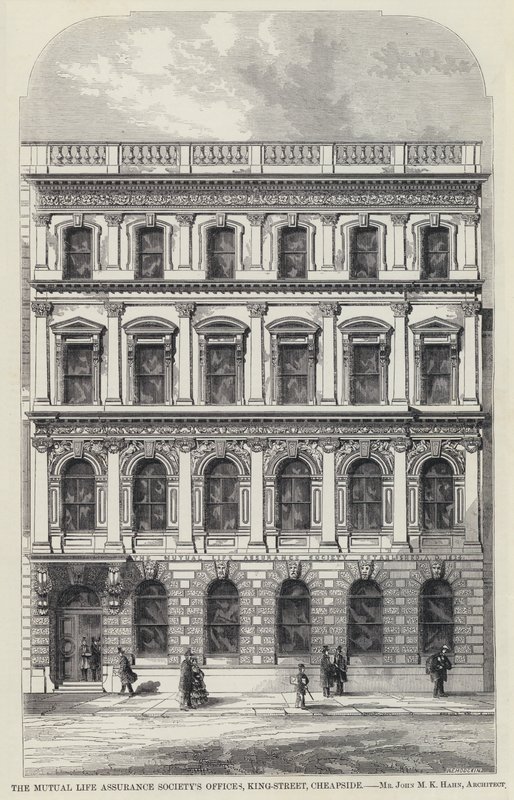 A Mutual Life Assurance Society irodái, King-Street, Cheapside (metszet) alkotó: English School