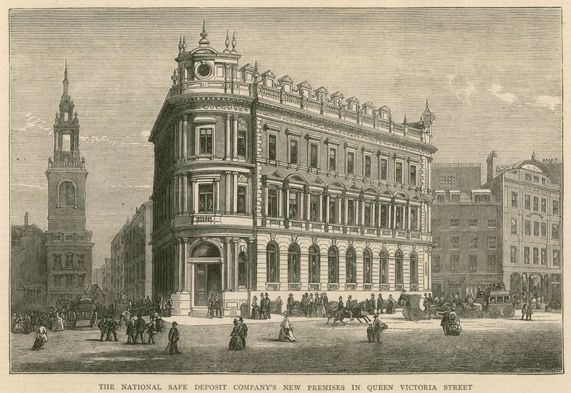 A National Safe Deposit Company új helyiségeket nyit a londoni Queen Victoria Streeten alkotó: English School