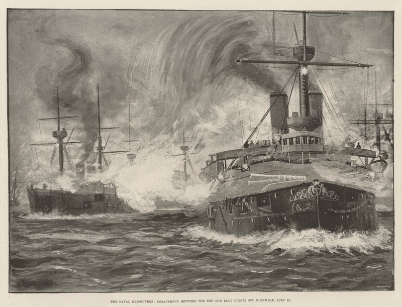 A haditengerészeti manőverek, a Vörös és a Kék Flotta harca Holyhead mellett, július 31. (litho) alkotó: English School