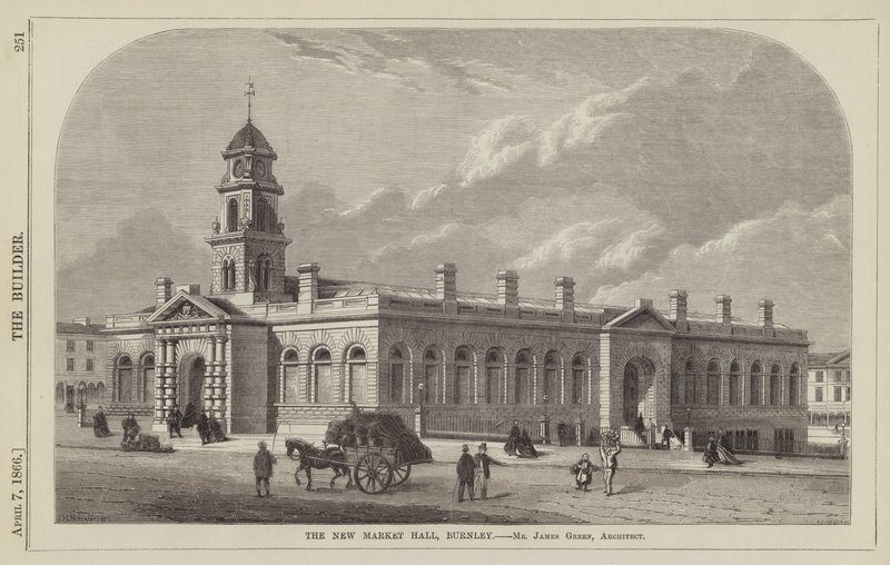 The New Market Hall, Burnley, Mr James Green, építész (metszet) alkotó: English School
