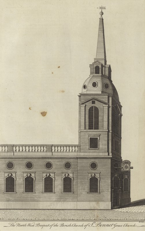 A londoni St Benet Gracechurch plébániatemplom északnyugati kilátása alkotó: English School