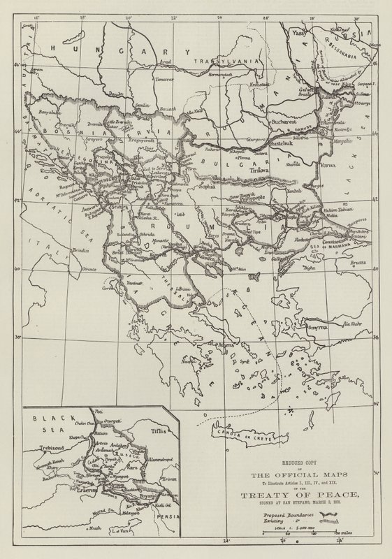 A békeszerződés hivatalos térképei, aláírva San Stefanóban, 1878. március 3-án (metszet) alkotó: English School
