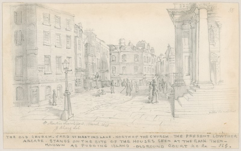 A régi templom udvara, a St Martins Lane, a templomtól északra alkotó: English School