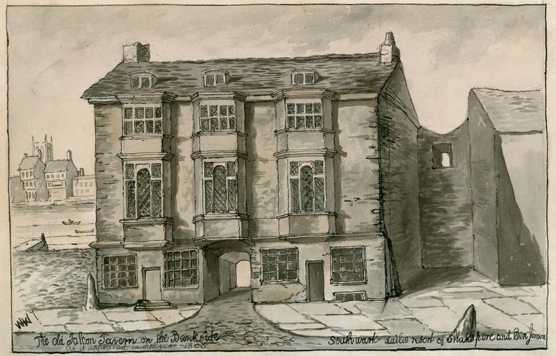 Az Old Falcon Tavern a bank oldalán, ahogyan 1805-ben jelent meg alkotó: English School