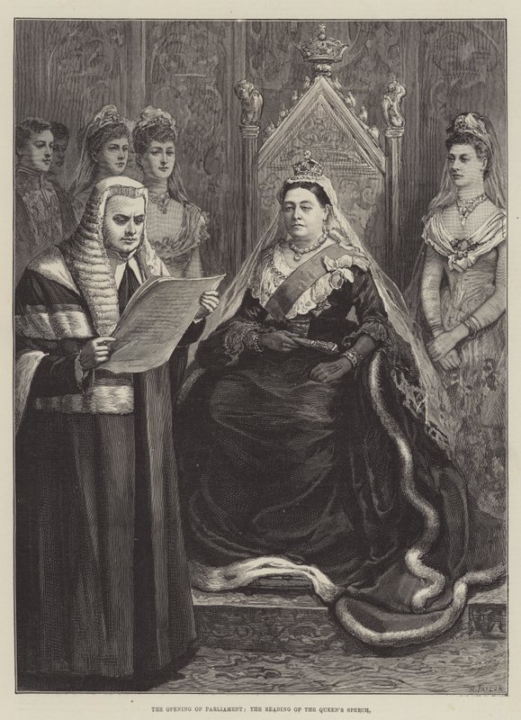 A parlament megnyitása, a királynő beszédének felolvasása (metszet) alkotó: English School