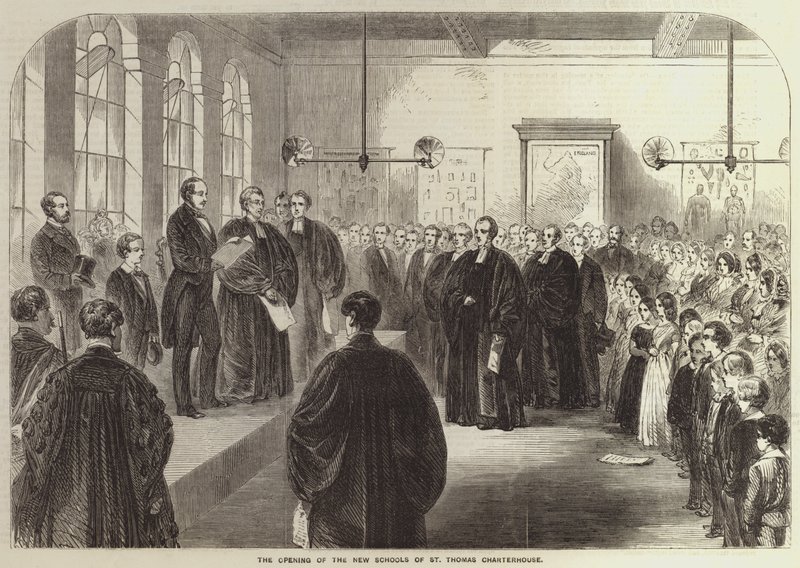 A St Thomas Charterhouse új iskoláinak megnyitása (metszet) alkotó: English School