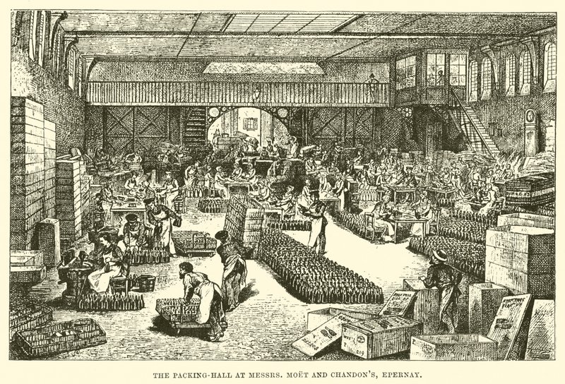 Csomagolócsarnok Moet és Chandon uraknál, Epernay (metszet) alkotó: English School