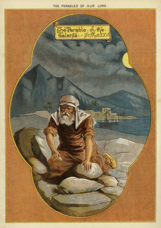 Krisztus példázatai: Az aranyzsákok példázata (chromolitho) alkotó: English School