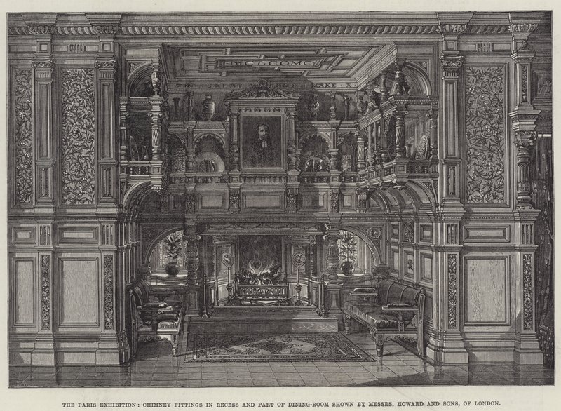 A párizsi kiállítás, a kémény szerelvényei a mélyedésben és az étkező egy része, a londoni Messers Howard and Sons bemutatása (metszet) alkotó: English School