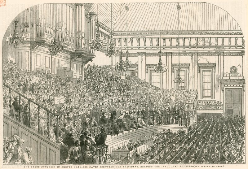 A békekongresszus az Exeter Hallban, Sir David Brewster, az elnök felolvassa a megnyitó beszédet alkotó: English School