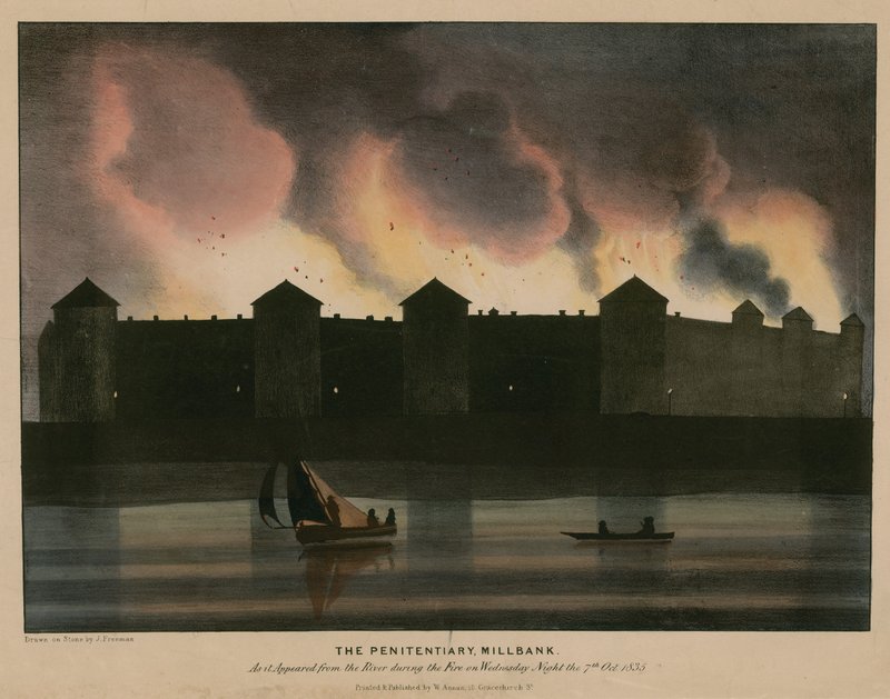 A londoni Millbank büntetés-végrehajtási intézete, ahogy a folyóból látszott az 1835. október 7-i éjszakai tűzvész során alkotó: English School