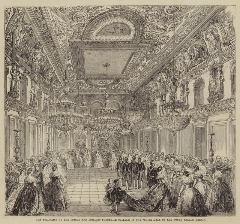 Frederick-William herceg és hercegnő polonézje a berlini királyi palota fehér termében (metszet) alkotó: English School