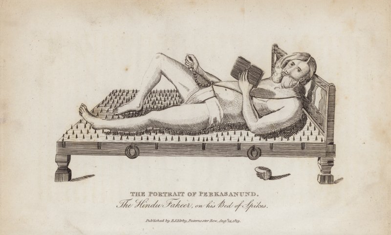 Perkasanund, a hindu csaló portréja a tüskeágyon (metszet) alkotó: English School