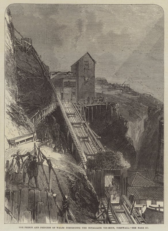A walesi herceg és hercegnő leereszkedik a Botallack bádogbányába, Cornwallban (metszet) alkotó: English School