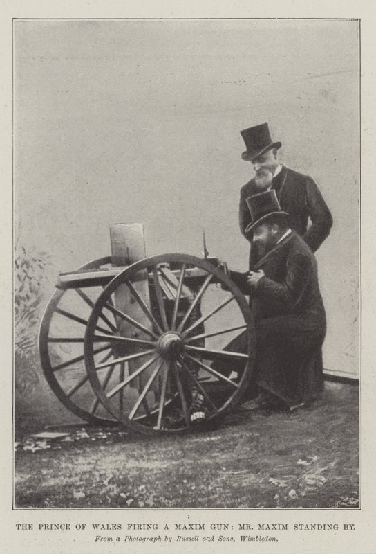 A walesi herceg Maxim fegyverrel lő, Maxim úr mellette áll (metszet) alkotó: English School