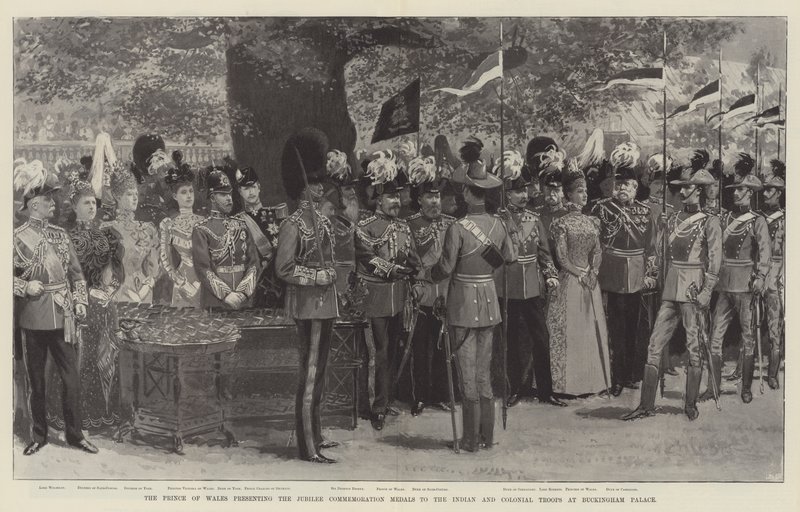 A walesi herceg átadja a jubileumi emlékérmeket az indiai és gyarmati csapatoknak a Buckingham-palotában (litho) alkotó: English School