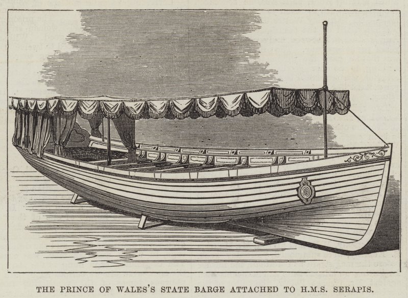 A walesi herceg állami uszálya a HMS Serapishoz csatolva (metszet) alkotó: English School
