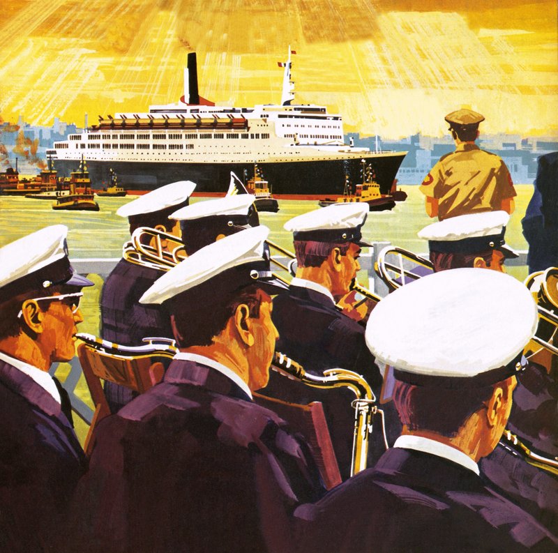A QE2 megérkezik a New York-i kikötőbe Manhattan szigetén alkotó: English School