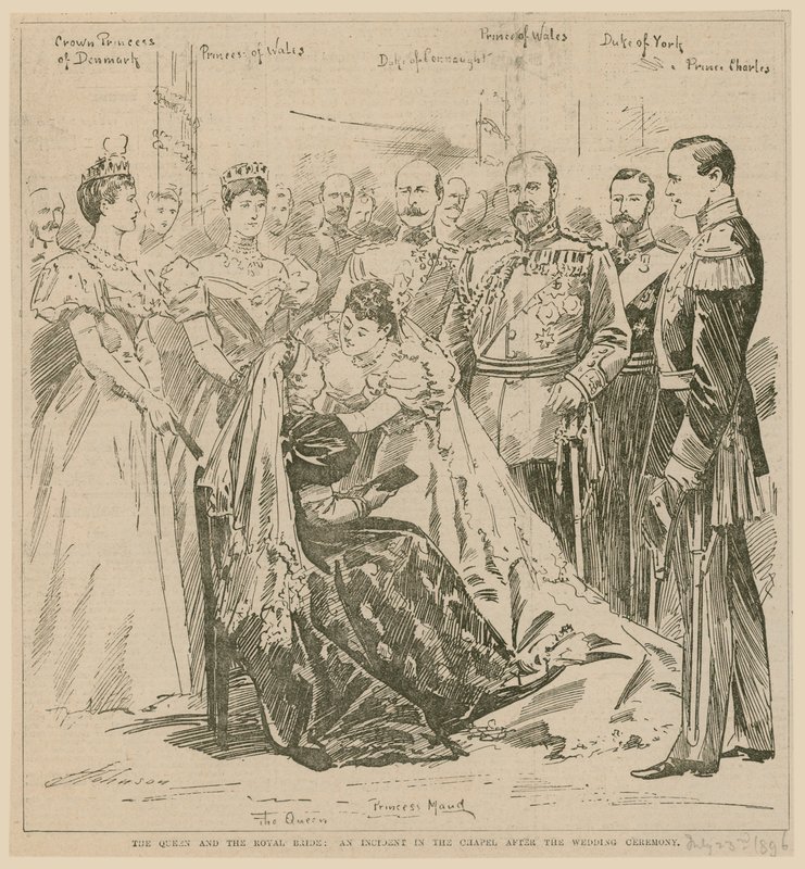 A királynő és a királyi menyasszony, egy incidens a kápolnában az esküvői szertartás után, 1896. július 23. alkotó: English School