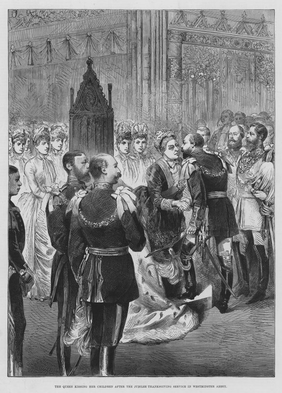 A királynő megcsókolja gyermekeit a jubileumi hálaadás után a Westminster Abbeyben (metszet) alkotó: English School