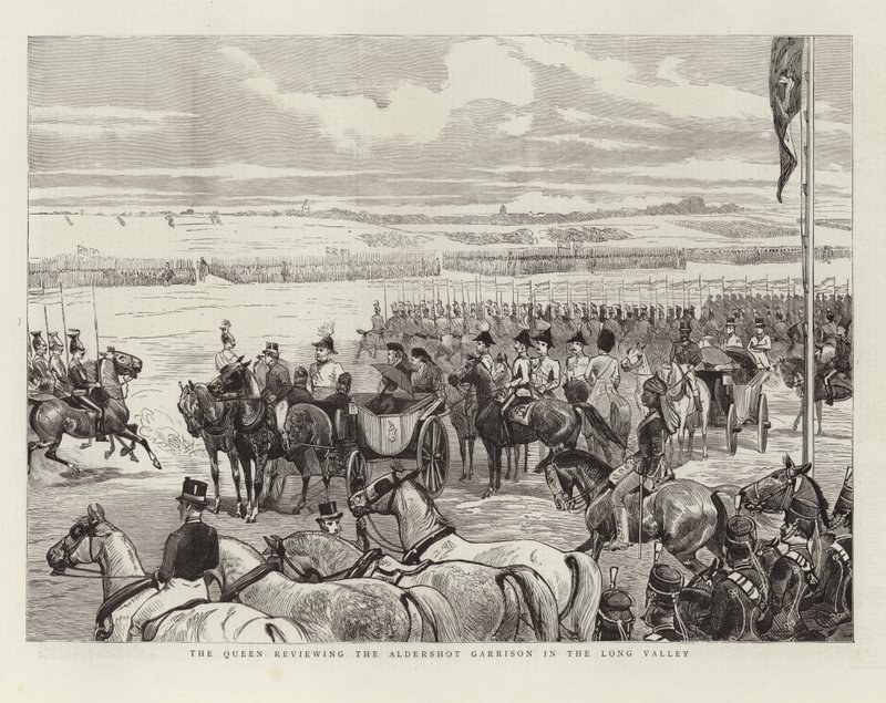 A királynő áttekinti az Aldershot helyőrséget a Long Valley-ben alkotó: English School
