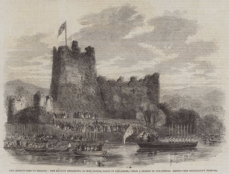A királynő írországi látogatása, Őfelsége a Ross kastélyban, Killarney-tónál (metszet) alkotó: English School