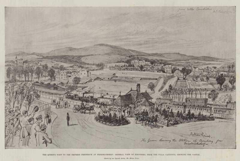 A királynő látogatása Frigyes császárnénál Friedrichshofban, általános kilátás Kronbergre, a Villa Candidusból, a kastély bemutatásával (metszet) alkotó: English School