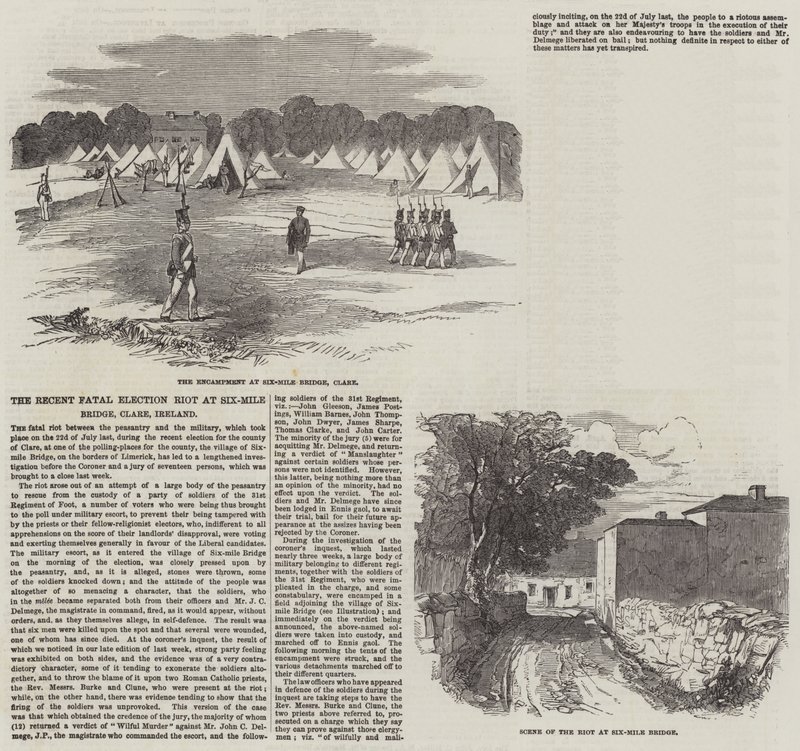 A legutóbbi halálos választási zavargás a Six-Mile Bridge-nél, Clare, Írország (metszet) alkotó: English School
